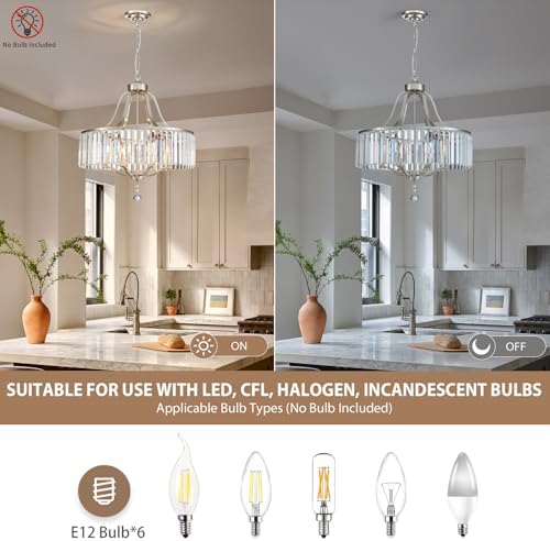 Modern Crystal Chandeliers Round 6-Light Large Brushed Nickel Pendant Lighting Fixture for Dining Room Living Room Kitchen Island Bedroom Hallway 21.7" Adjustable Height Hanging Lamp - Image 5