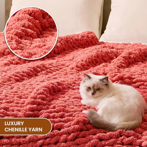 L'AGRATY Chunky Knit Throw Blanket for Couch, 50 x 60 Inches, Coral Pink - Image 3