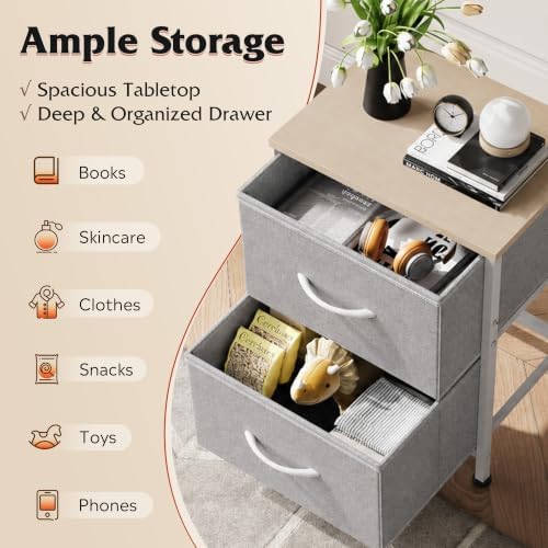 WLIVE Night Stand, Gray Nightstand with 2 Fabric Drawers, Small Dresser for Bedroom, Closet, College Dorm, End Table Side Furniture, Wood Top, Light Grey - Image 4
