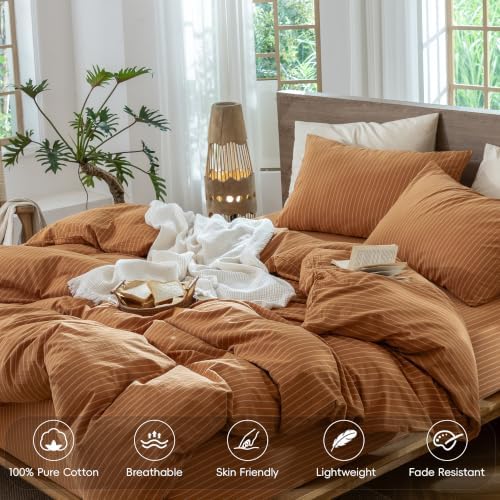 MooMee Striped Duvet Cover Set 100% Washed Cotton Linen Like Queen - Image 3