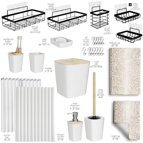 Clara Clark Bathroom Accessories Set - 27PC Bathroom Set with Adhesive Corner Shower Caddy Hanging, Bathroom Sets with Shower Curtain and Rugs, Ombre White Shower Curtain Set with Bathroom Trash Can - Image 3