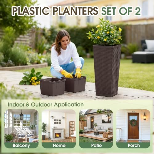 30 Inch Tall Plastic Planters(Set of 2) with Drainage Holes, Brown - Image 4