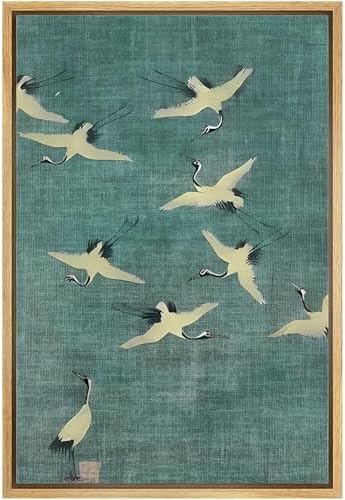 NWT Framed Canvas Print Wall Art Cranes in Flight, Minimalist Japanese-Inspired Illustrations Modern Art Decorative Landscape Rustic Zen Colorful for Living Room, Bedroom, Office - 16"x24" Natural by NWT