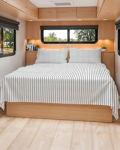 Short Queen Size 4 Piece Bed Sheet Set - RV Short Queen - Grey Stripes by CGKUnlimited