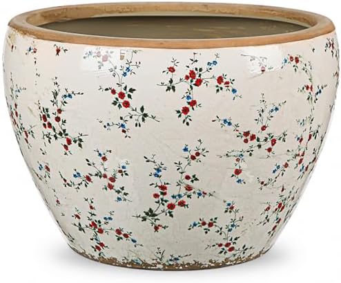 Geetery 10" Large Country Ceramic Pots Beige Vintage Floral Planters Decorative Plant Pot Wide Mouth with Drainage Hole for Indoor Outdoor Orchid Houseplant Home Office Shelf Table Decor Gift by Geetery