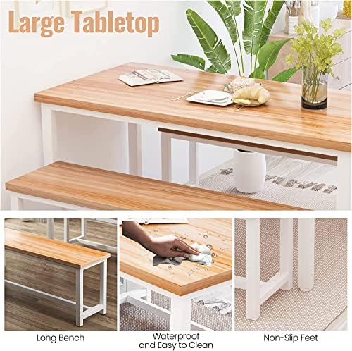 Dining Room Table Set with 2 Benches, Farmhouse Dining Table Set for 4, Wood Breakfast Dinner Table Set for Breakfast Nook Small Spaces, Beige - Image 4