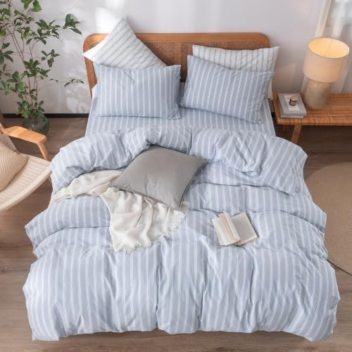BESTOUCH Striped Cotton Duvet Cover Set Linen Feel Oversized Queen - Image 3