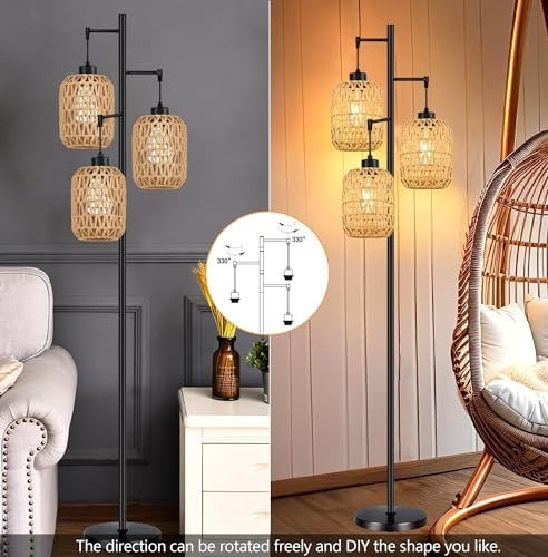 QIYIZM Floor Lamp for Living Room,Bedroom,Boho Rattan Tree 3 Lights Farmhouse Floor Lights,Industrial Black Standing Lamp Wicker Rustic Tall Lamp,Woven Bamboo LampShade Floor Lamps Bohemian - Image 2