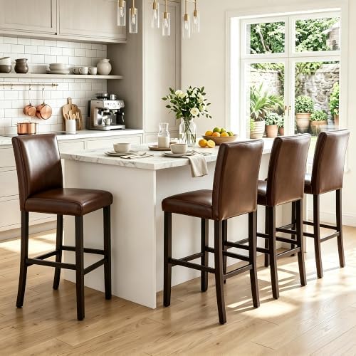 LSSPAID Bar Stools Set of 4, Dark Brown PU Leather 29 Inch Barstools by LSSPAID