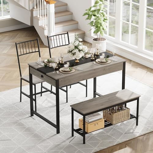 GarveeHome Dining Table Set for 4,Kitchen Table with Bench & 2 Chairs, Grey - Image 5