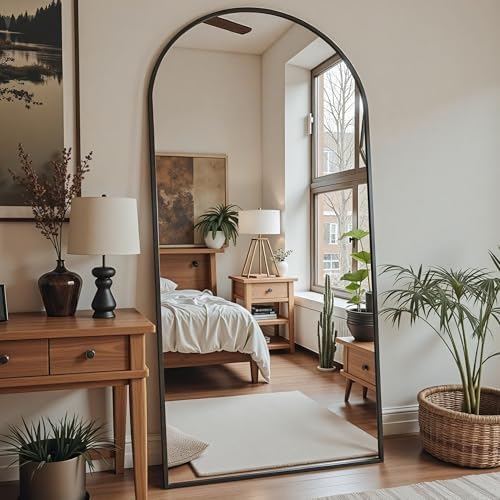 Floor Mirror, 78"x38" Oversized Full Length Mirror with Stand, Arched Full Body Mirror Standing Hanging Leaning Against Wall, Aluminum Frame Giant Mirrors for Bedroom Cloakroom, Black by Furnbar