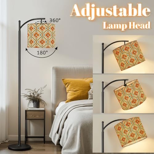 Arc Floor Lamp Geometric Floral Tile Bold Orange Teal Blue Colors Dimmable Modern Standing Lamp with Remote Adjustable Drum Shade Footswitch Tall Pole Lamp for Living Room Bedroom - Image 3