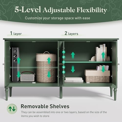 RoyalCraft 118" Buffet Cabinet with Storage, Vintage Sideboard with Adjustable Shelves, Mid Century Modern Painted Credenza Coffee Bar for Kitchen, Dining Room, Entryway, Living Room, Forest Green - Image 4