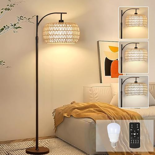 Arc Floor Lamps for Living Room Rattan Boho Floor Lamp with Remote Control,Dimmable LED Floor Lamp Wicker Lamp Shades Black Standing Lamp with 3 Color Temperature Tall Floor Lamps For Bedroom Corner by ZECOXOL