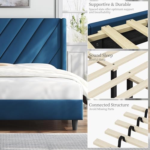 Yaheetech Queen Bed Frame with Chevron Channel-Tufted Headboard, Blue - Image 6
