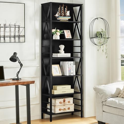 HOMISSUE Bookshelf, 7-Tier Bookshelf, Rustic Wood Metal Bookshelves and Bookcases, Freestanding Open Bookshelf, Industrial Tall Bookcase for Home Office, Living Room and Bedroom, Black - Image 3