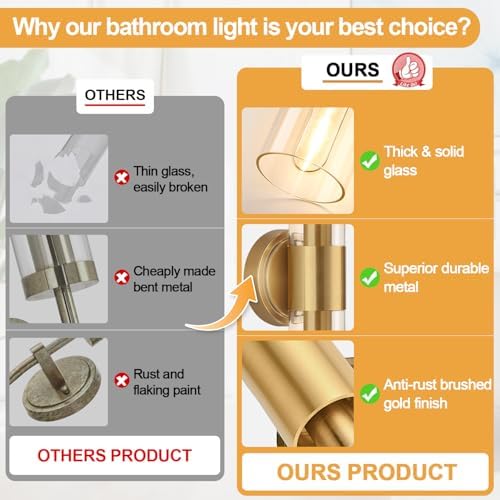 Wall Sconces Set of Two, Brushed Gold Bathroom Sconces Wall Lighting with Clear Glass, Hardwired Modern Sconces Wall Decor Set of 2 for Bathroom Mirror Bedroom Living Room Hallway - Image 2