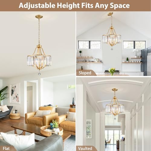 Gold Crystal Chandeliers for Dining Room, 4-Light Modern Round Chandeliers 15.7" for Living Room Kitchen Hallway Bedroom Foyer Hall, Adjustable Height Hanging Light Fixture - Image 5