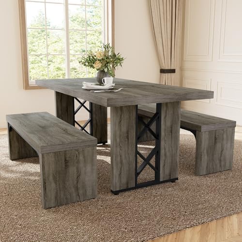 HIPIHOM 3-Piece Dining Table Set for 6 People, Grey Table with 2 Benches - Image 6