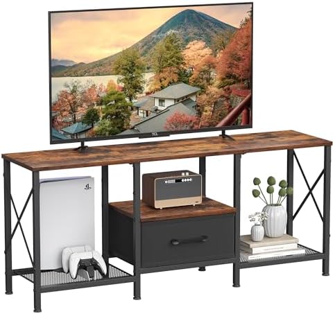 JARHETUN TV Stand with Fabric Drawer, Entertainment Center for 50 55 Inch TV, Industrial TV Console Table with Open Storage Shelves for Living Room, Bedroom, Rustic Brown by JARHETUN
