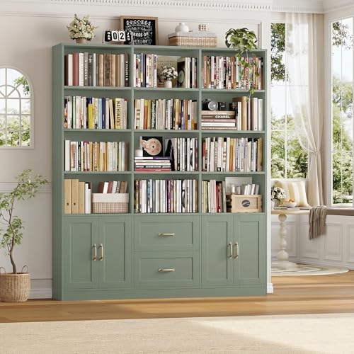 HOSTACK 71" Tall Triple Wide Bookshelf with Storage Drawers & Doors, Green - Image 4
