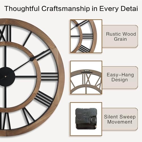 24 Inch Large Rustic Wall Clock Silent Non-Ticking Wooden Wall Clocks with Roman Numerals Farmhouse Decorative Clock for Living Room Bedroom Office (Brow) - Image 4