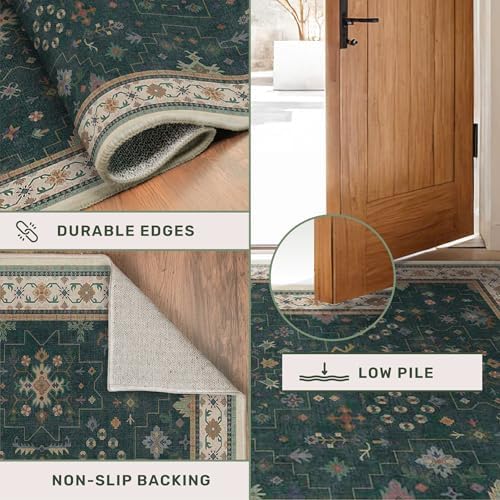 Dark Green Oushak 2x4 Entryway Rug - Modern Vintage Boho Eclectic Floral Pastel, Washable Low Pile Non-Slip Small Throw Area Rugs for Door Mat Indoor Entrance, Kitchen, Bathroom, Bedroom, Laundry - Image 4