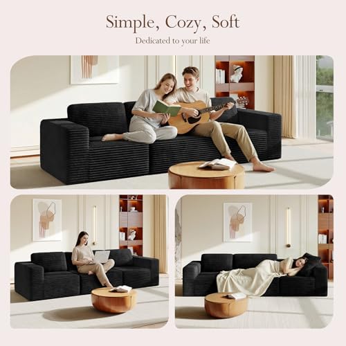 Vesgantti 119" Modular Sectional Sofa, Corduroy Cloud Couch with Deep Seating & Spring Support, 3 Seater Flexible Layout Sofa, Boneless Couch for Living Room & Apartment, No Assembly Required, Black - Image 3