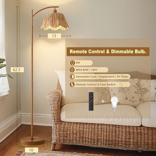 Oneach Boho Floor Lamp for Living Room with Remote & Dimmable Bulb, Farmhouse Floor Lamps with 3 Color Temperatures, Rattan Floor Lamp for Bedroom, Walnut - Image 4