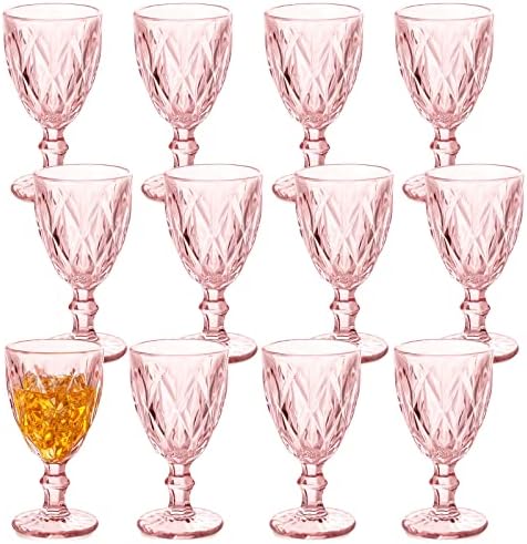 Yinder Glass Goblet Vintage Wine Goblet Embossed Glassware 10 oz Solid Color Glass Stemmed Cups for Iced Tea Beverage Soda Juice Water Liquor and Party Wedding Bars Restaurants(Pink,12 Pack) by Yinder