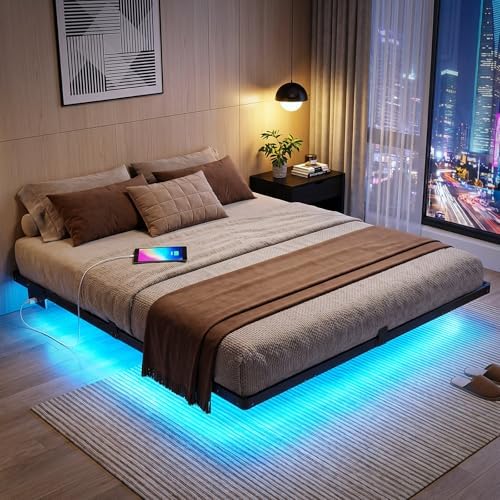 Liians King Floating Bed Frame with Smart LED Lights, USB Charging Station by LIIANS