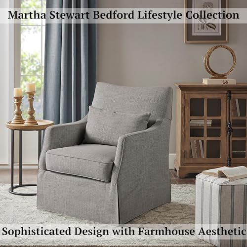 Martha Stewart London Swivel Chair - Solid Wood & Plywood, Skirted Metal Base Accent Armchair, Lumbar Pillow -Modern Classic Family Room Sofa Furniture Bedroom Lounge, 28"X31.5"X35.25", Grey - Image 4