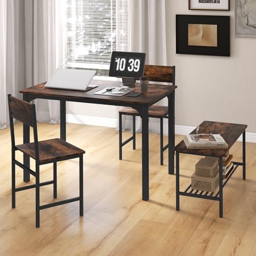 Dining Table Set for 4 with Storage Bench & 2 Chairs, Rustic Brown - Image 6