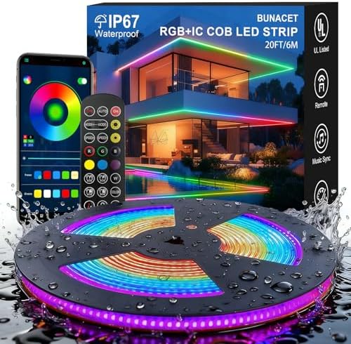 20FT COB RGB+IC LED Strip Lights, IP67 Outdoor 24V RGB LED Lights by BUNACET