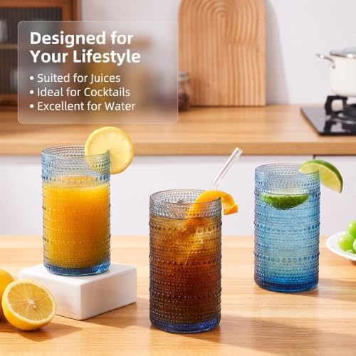 Vintage Hobnail Drinking Glasses Set of 6, 16 oz Large Capacity Embossed BlueTumblers, Highball Glasses for Water, Cocktail, Beer, Whiskey, Kitchen & Bar Use - Image 3