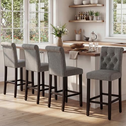 LSSBOUGHT 24 Inches Upholstered Counter Height Bar Stools Kitchen Island Chairs Padded Barstools with Button-Tufted Back and Solid Wood Legs Set of 2（Gray） - Image 3