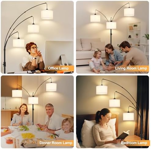 AHDWDW Dimmable Arc Floor Lamp-3 Lights Floor Lamps for Living Room,Modern Tall Standing Lamp with Beige Drum Shades&Heavy Base,Mid Century Tree Floor Lamp for Bedroom Corner Office,Bulbs Included - Image 5