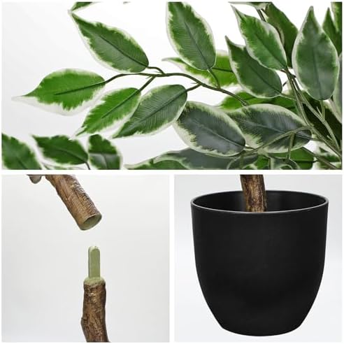 4Ft Ficus Tree Artificial Plants Indoor with Realistic Trunk, Tall Fake Potted Tree Faux Floor Plant, Artificial Tree in Pot for Home Living Room Office Bedroom Corner Decor(Green White) - Image 6