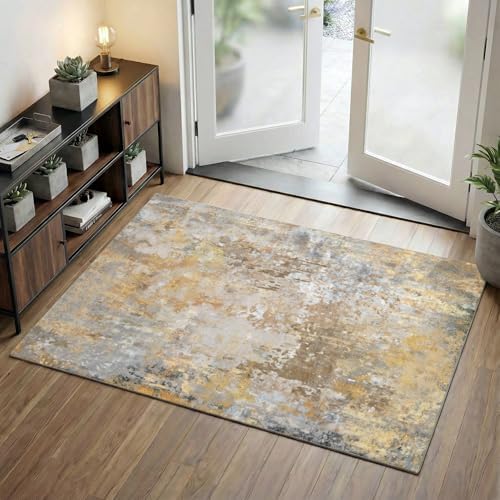 Beige Gold Entryway Rug 3x5 Door Mat Indoor Entrance 36x60, Washable Small Throw Rugs for Kitchen Floor, Entry, Front Door, Bedroom Bedside, Non-Slip Low Pile Stain & Fade Resistant, Abstract by Acapet