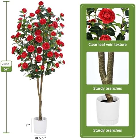 Artificial Camellia Tree 6FT – Faux Plants Indoor, with Easy Assembly, Low Maintenance, Ideal for Both Indoor Decoration and Other Purposes，Perfect Porch Christmas Trees (Red 6ft) - Image 2