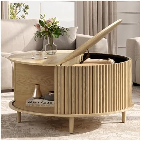 JOINICE 31.5" Round Coffee Table with Storage for Living Room, Natural Oak by Joinice