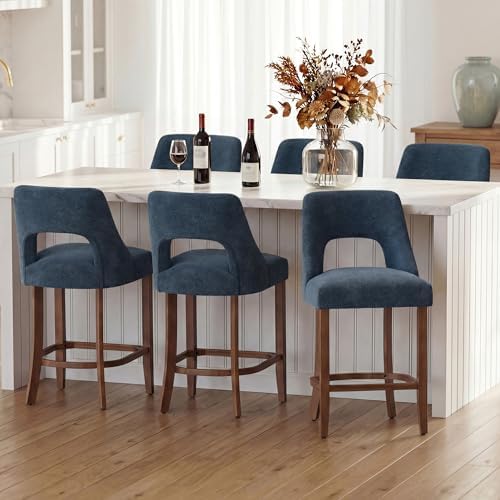 UVV Bar Stools Set of 6, Upholstered Counter Height Bar Stools, Modern Counter Stools with Wood Legs for Kitchen Island Dining Room Bar, Navy Blue by UVVLivetheQualityLife