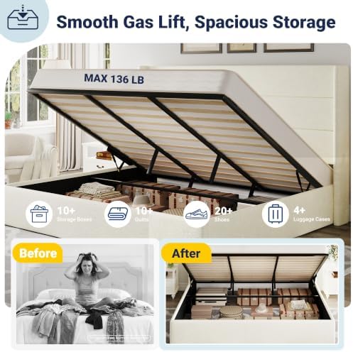 Allewie King Size Chenille Lift Up Hydraulic Storage Bed Frame Cream White - Image 4