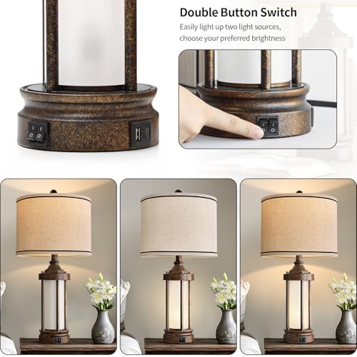 25'' Table Lamps Set of 2 for Living Room Bedroom Farmhouse Metal Lamps with 2 USB Ports, Built-In Frosted Glass Night Light Vintage Industrial Nightstand Bedside Lamp, 4 Bulbs Included, Bronze - Image 4
