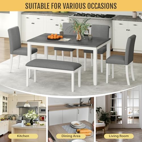 Zevemomo 6-Piece Solid Wood Dining Table Set, Wooden Legs, Grey & White - Image 6