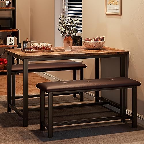 GarveeHome Dining Table Set for 4, Kitchen Table with 2 Upholstered Benches, Wood Kitchen Dining Room Set, for Small Space, Apartment, Home, Dinner, Retro Brown by GarveeHome