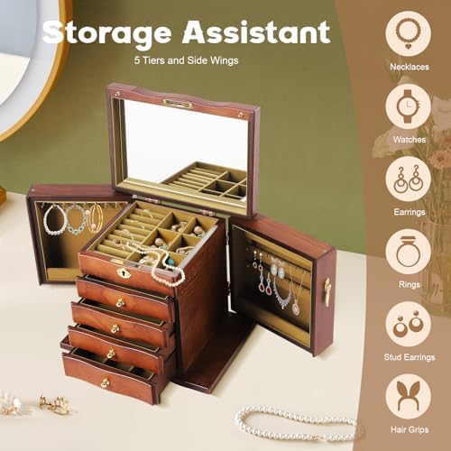 Large Wooden Jewelry Box with Mirror and Lock, 5 Layers Locking Jewelry Organizer, Watches Necklace Ring Storage Box for Women - Image 2