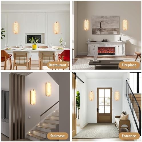 14.17in Alabaster Wall Sconces, Natural Marble Wall Light, Modern LED Alabaster Sconces for Living Room Indoor Wall Lamps for Dining Room Stairs Bedroom,Brushed Gold - Image 4