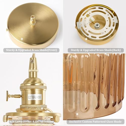 Shenmoyl Pendant Light 2 Pack with Amber Striped Glass Lmapshade, Brass Vintage Pendant Light Adjustable Hanging Light for Kitchen Island Dining Room Hallway - Image 4