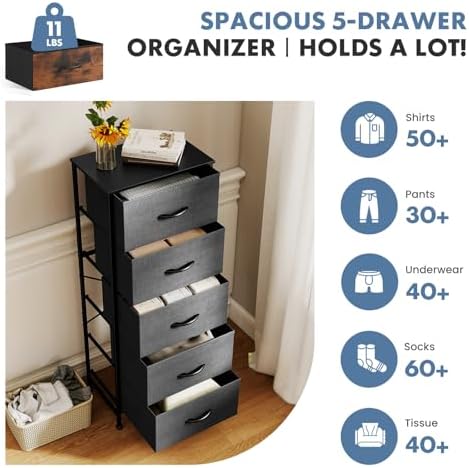 DUMOS Nightstand with 5 Drawers, Bedside Table with Removable Fabric Bins, Sturdy Steel Frame Wood Skinny Dresser Furniture for Bedroom Closet Living Room, Grey - Image 4